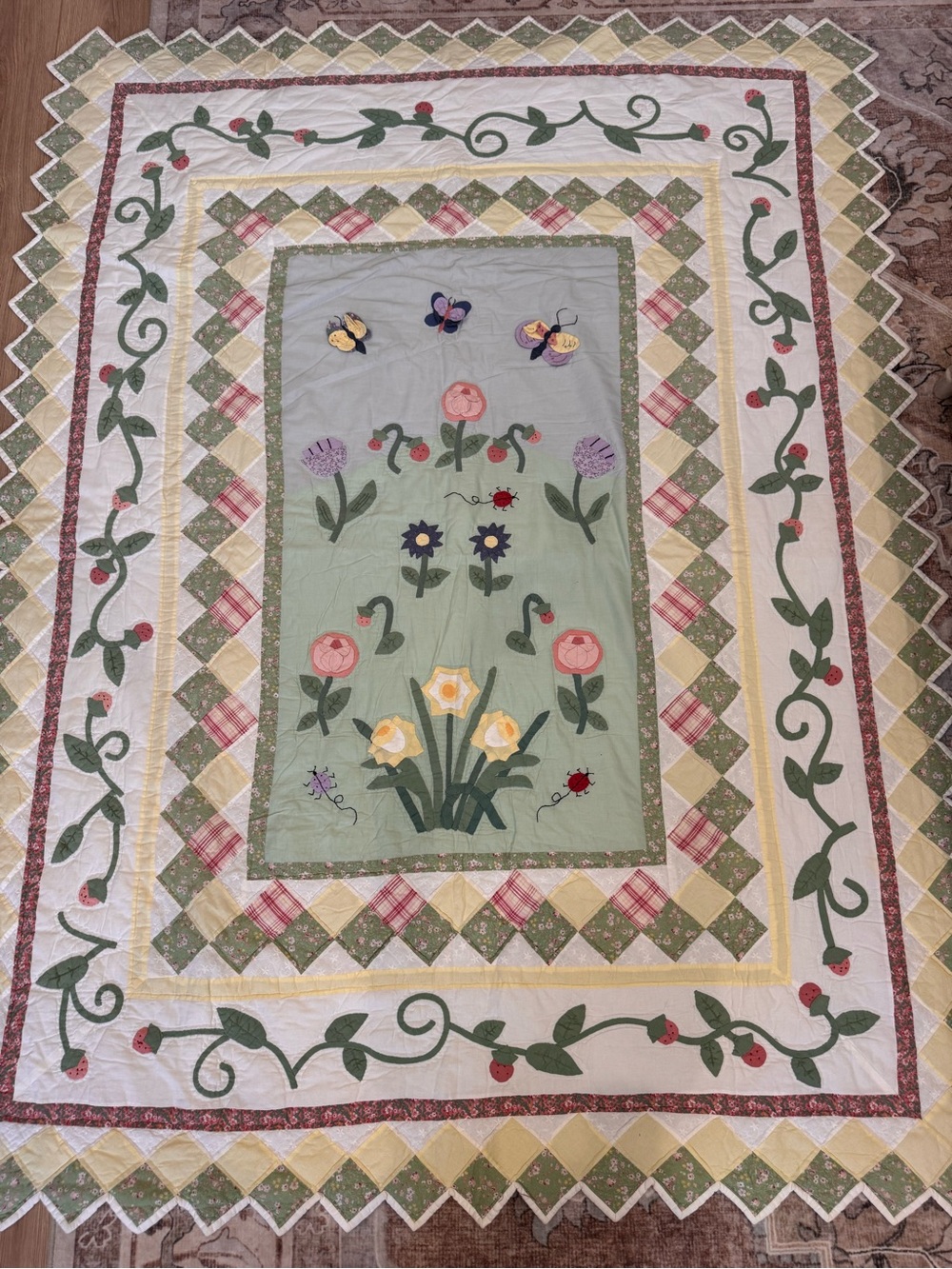 Handmade Floral Appliqué Throw Blanket in Green and Cream